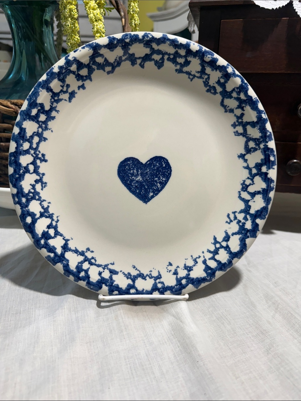 vintage Folk Craft Blue Sponge Hearts stoneware plate by Tienshan